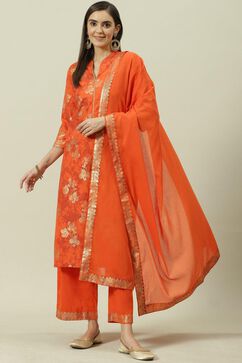 Saffron Printed Cotton Straight Kurta Palazzo Suit Set image number 0