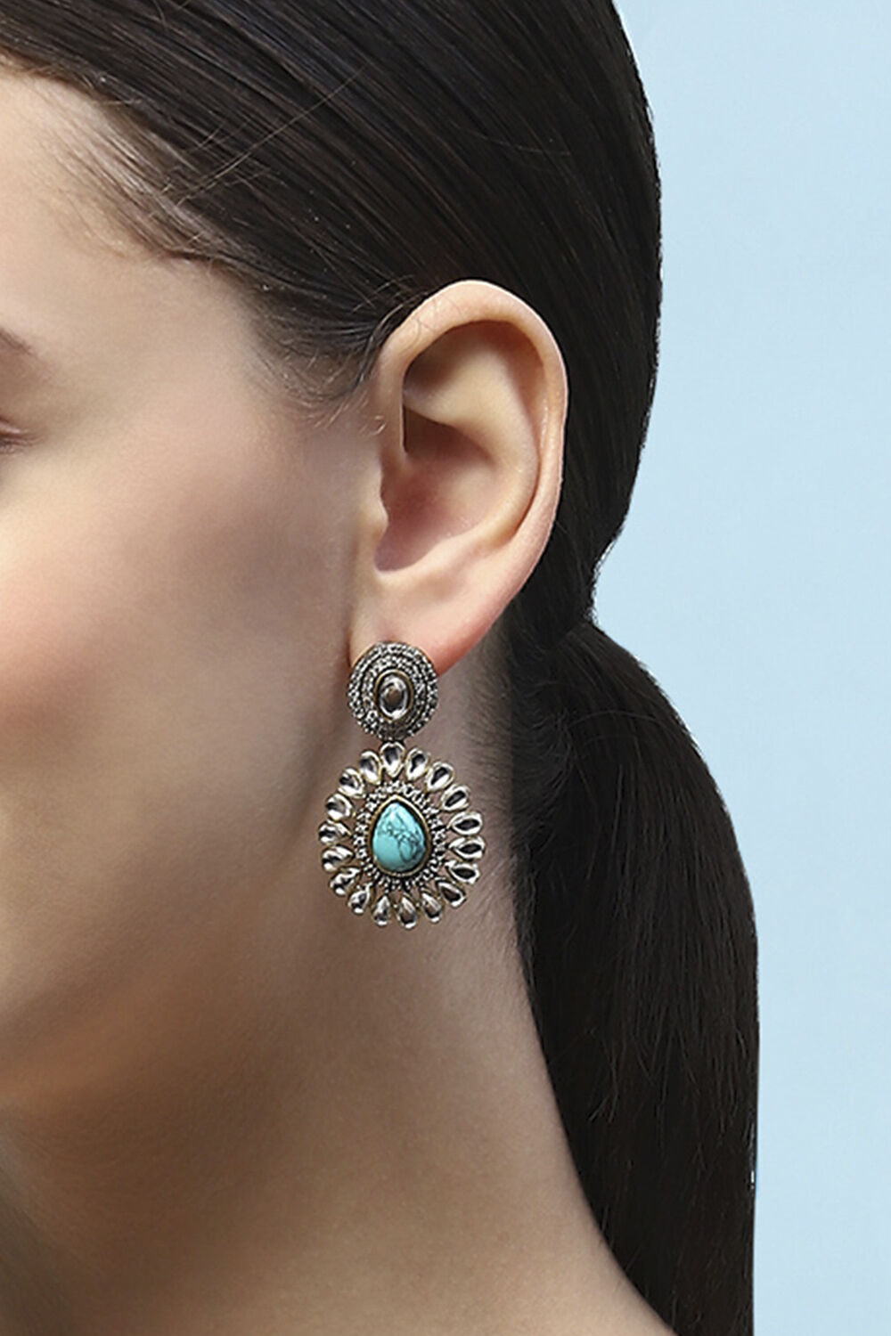 Turquoise Gold-Plated Kundan Studded Danglers image number 3