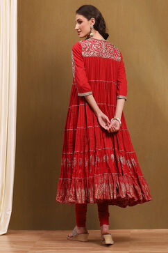 Red Cotton Embroidered Tiered Anarkali Suit Set image number 4