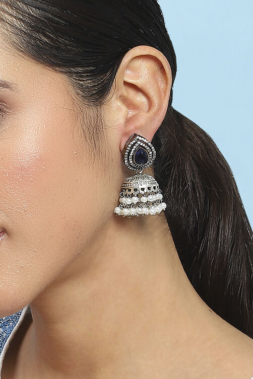 Navy Blue Stone-Studded Oxidised Jhumkas image number 1