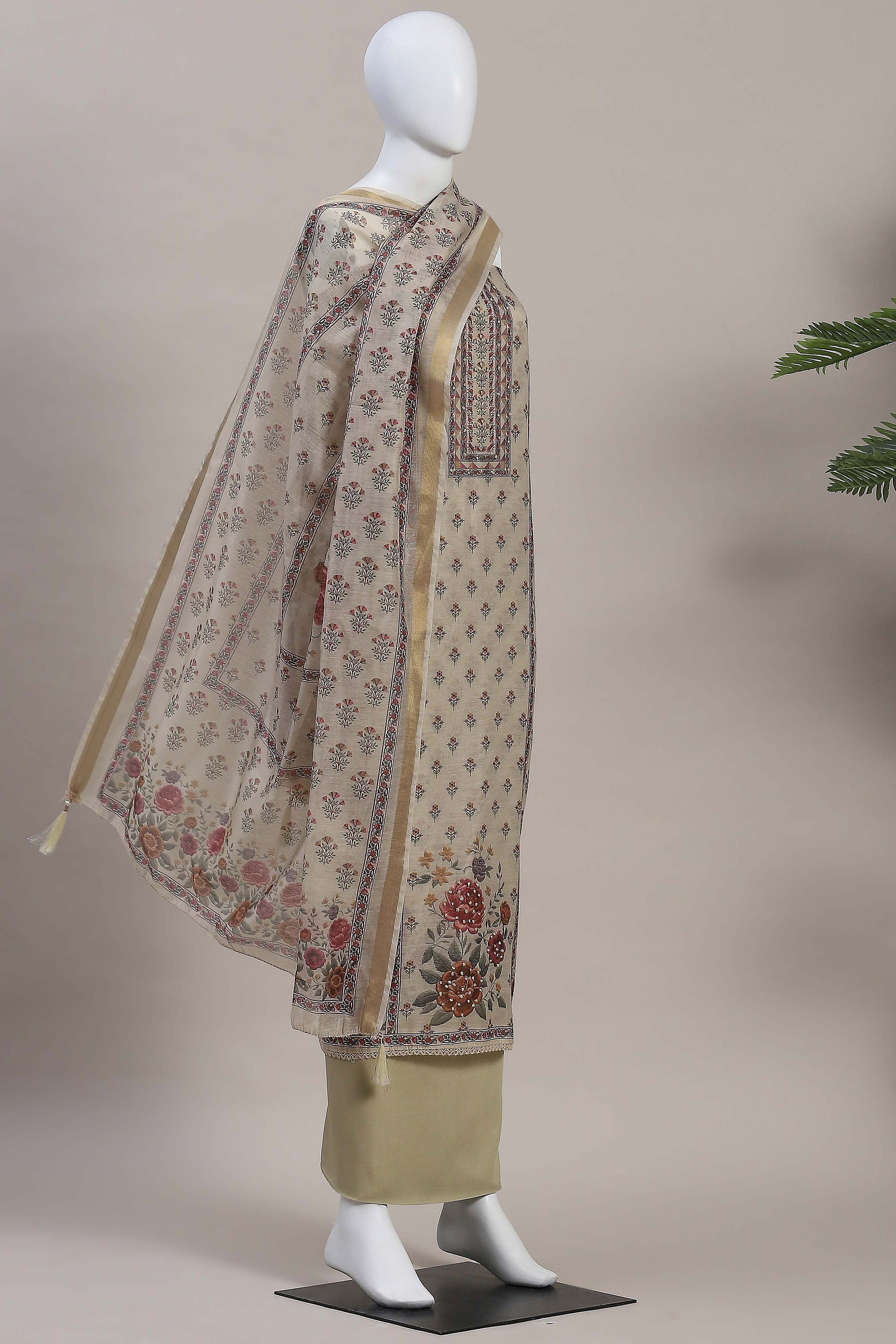 Cream-Toned Muslin Rajasthani Print Unstitched Suit Set image number 4