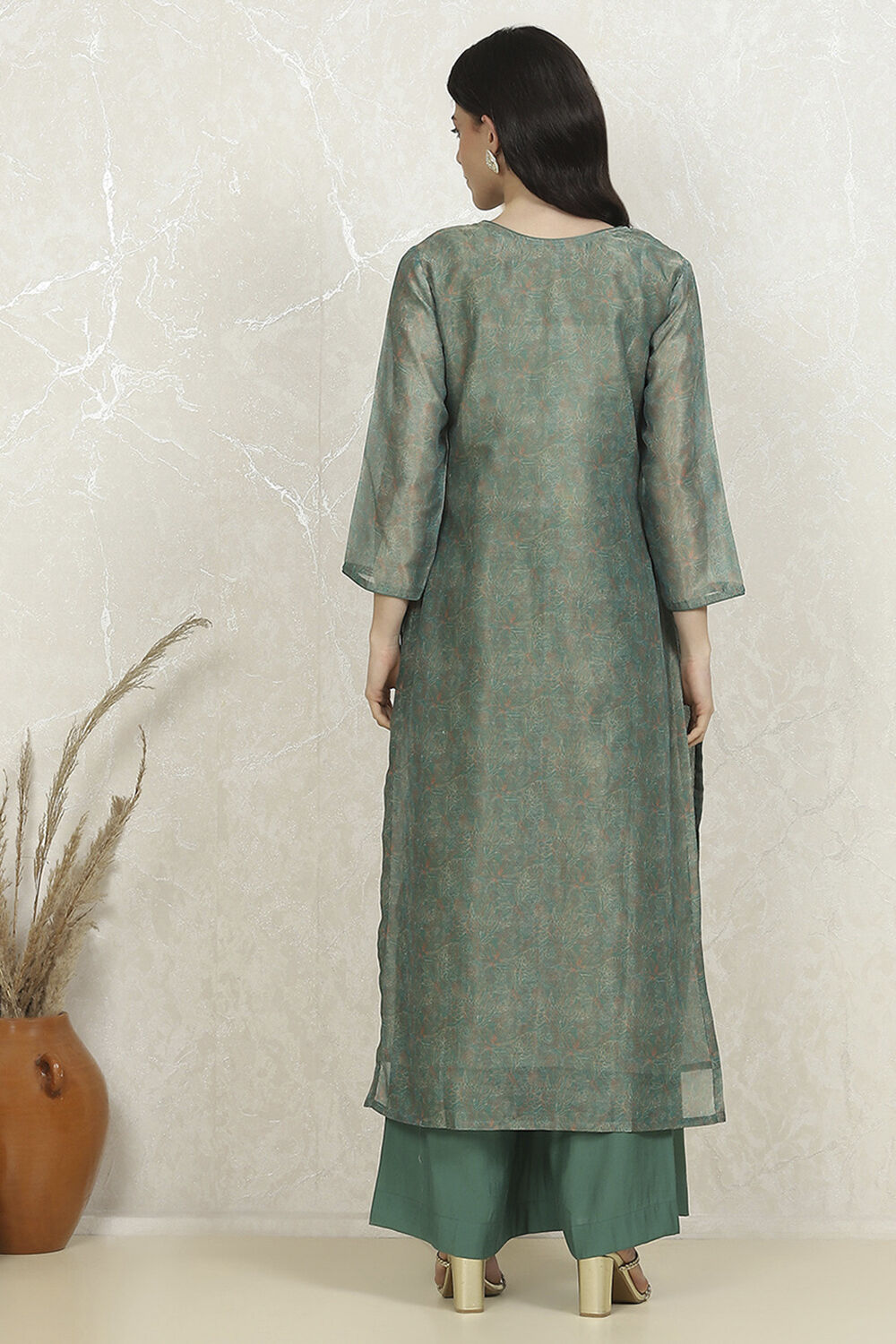 Orange Chanderi Unstitched Suit Set image number 5