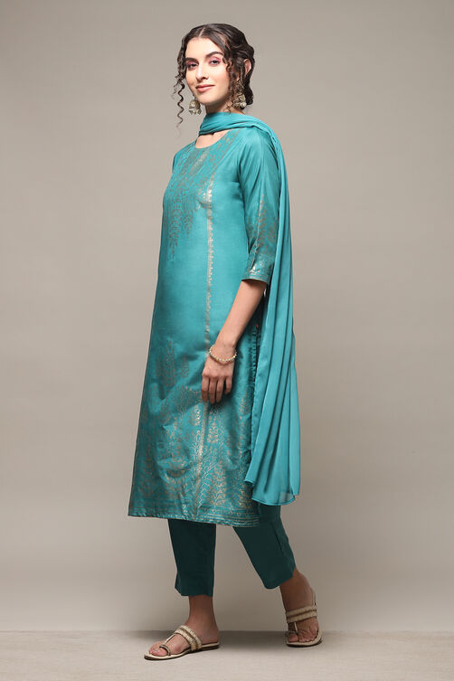 Teal Viscose Straight Kurta Regular Pants Suit Set image number 5