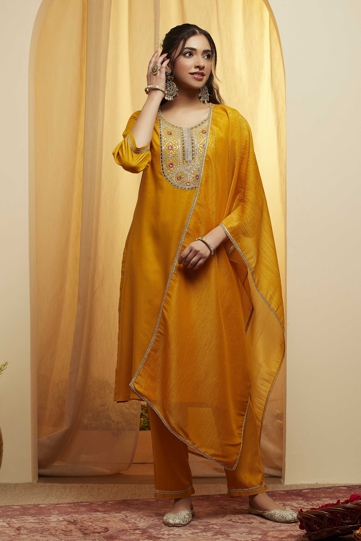 Mustard Viscose Rayon Straight Suit Set
