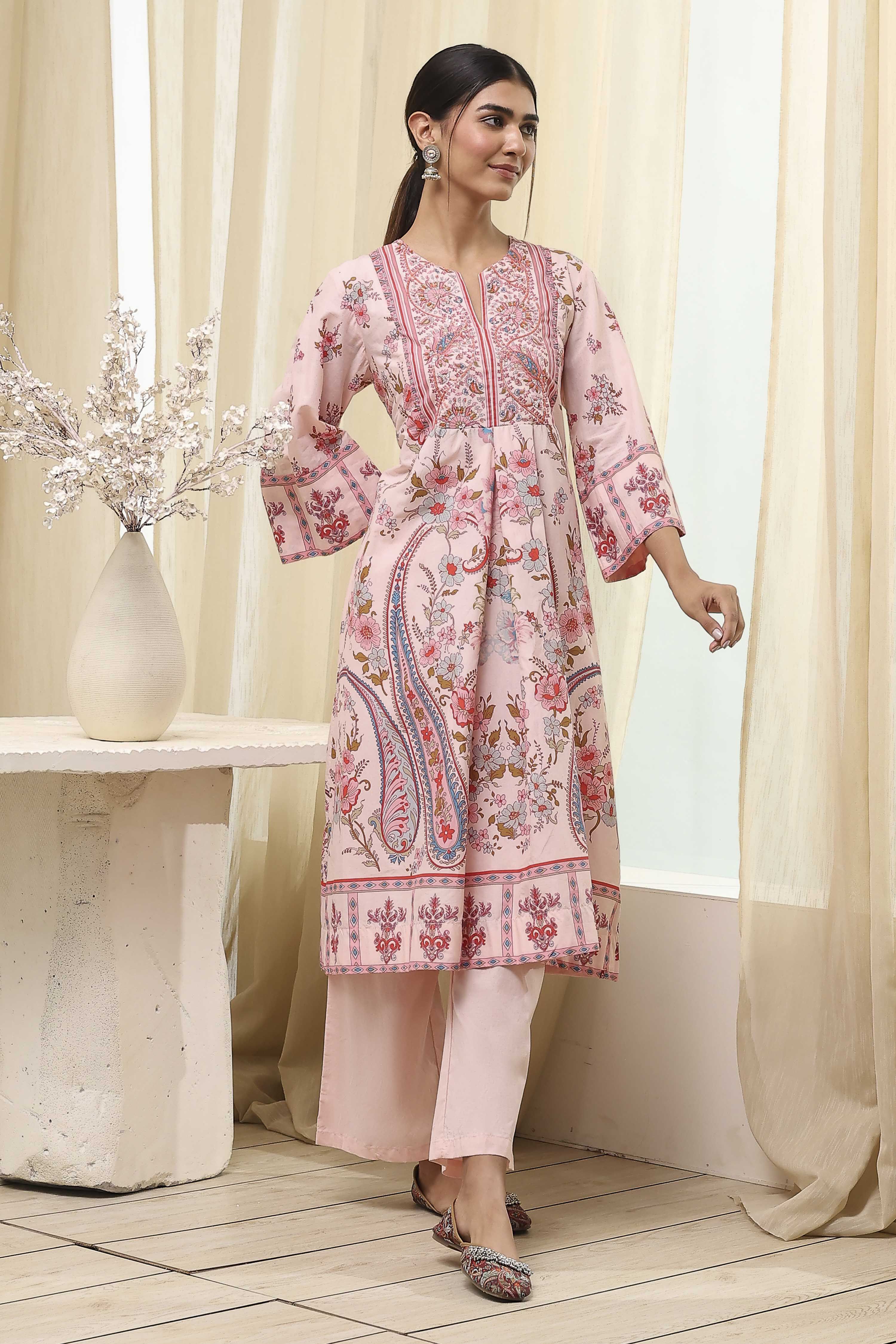 Peach-Colored Cotton Floral A-Line Kurta Set image number 5