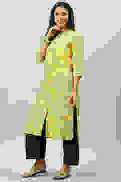 Yellow Rayon Front Open Printed Kurta image number 3