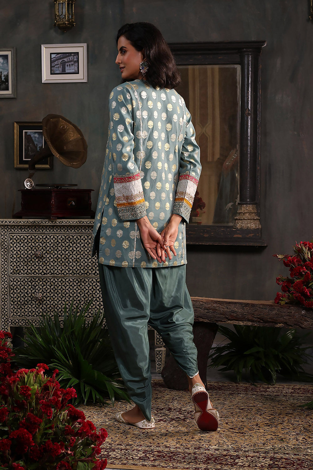 Earthy Blue Chanderi Jacquard Dori Embroidery Straight Suit Set image number 4