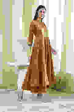 Mustard Brown Cotton Layered Anarkali Dress image number 4