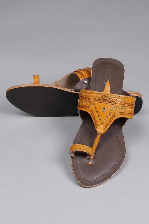 Mustard Yellow & Dark Brown Leather Kolhapuri Sandals image number 3