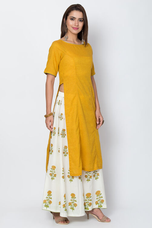 Mustard Cotton Straight Kurta Sharara Suit Set image number 4