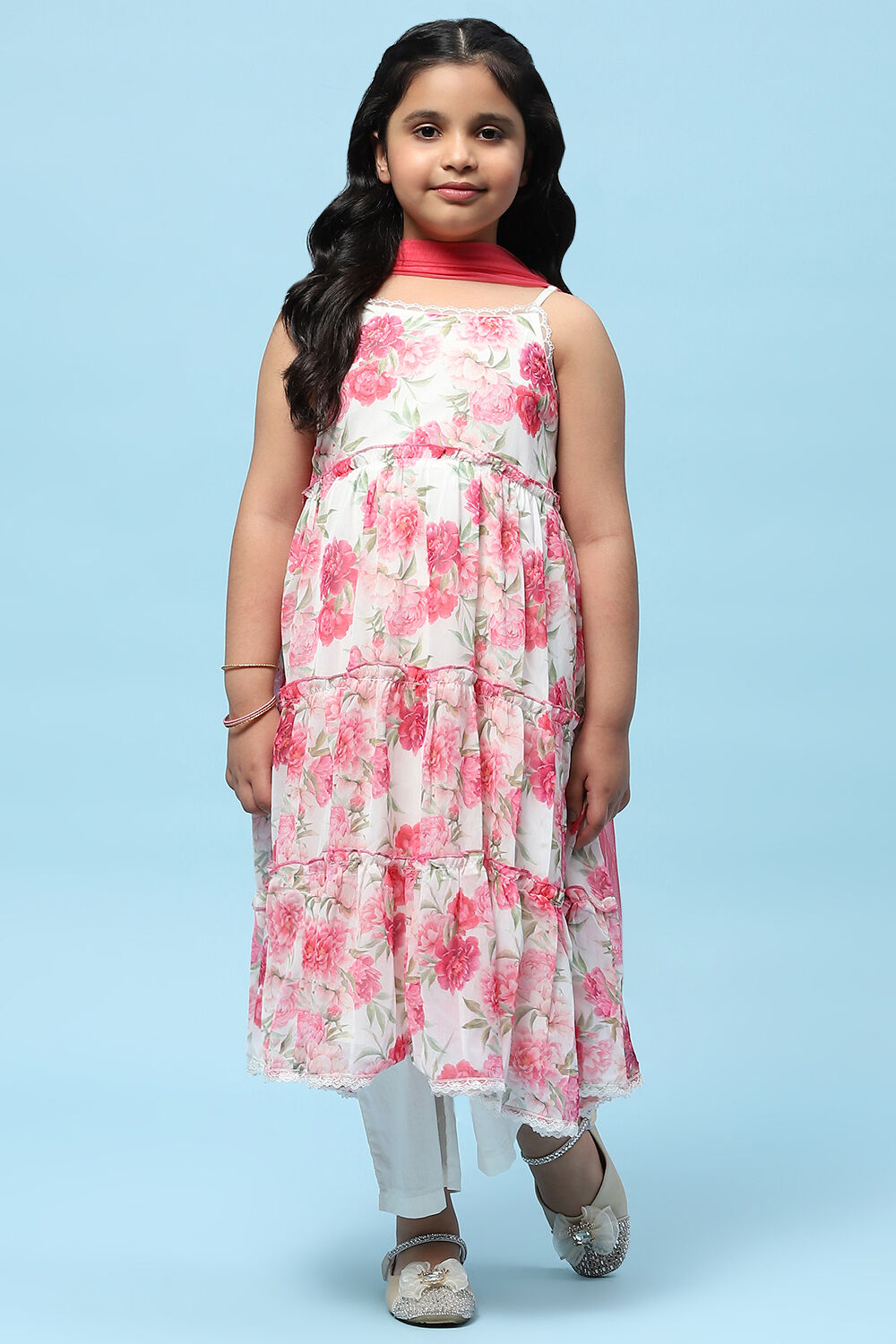 Off-White and Pink Poly Chiffon Floral Tiered Suit Set image number 7