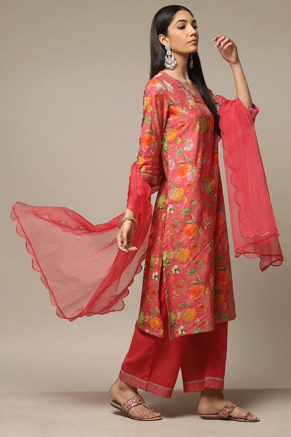 Coral Pink Cotton Blend Straight Kurta Pants Suit Set image number 0