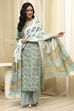 Green Cotton Screen Print Unstitched Suit Set image number 1