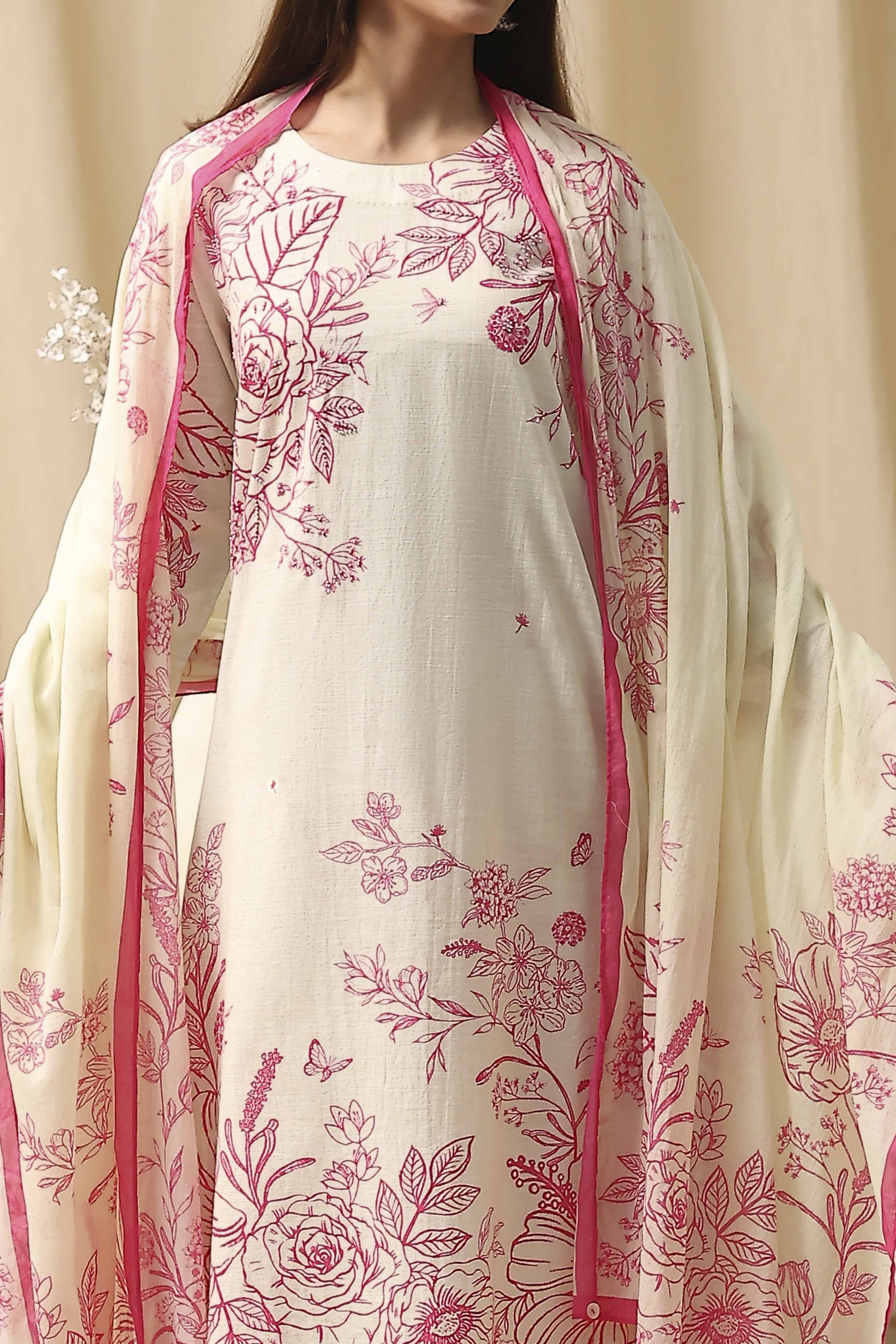 Off-White and Blue Cotton Straight Suit Set image number 1