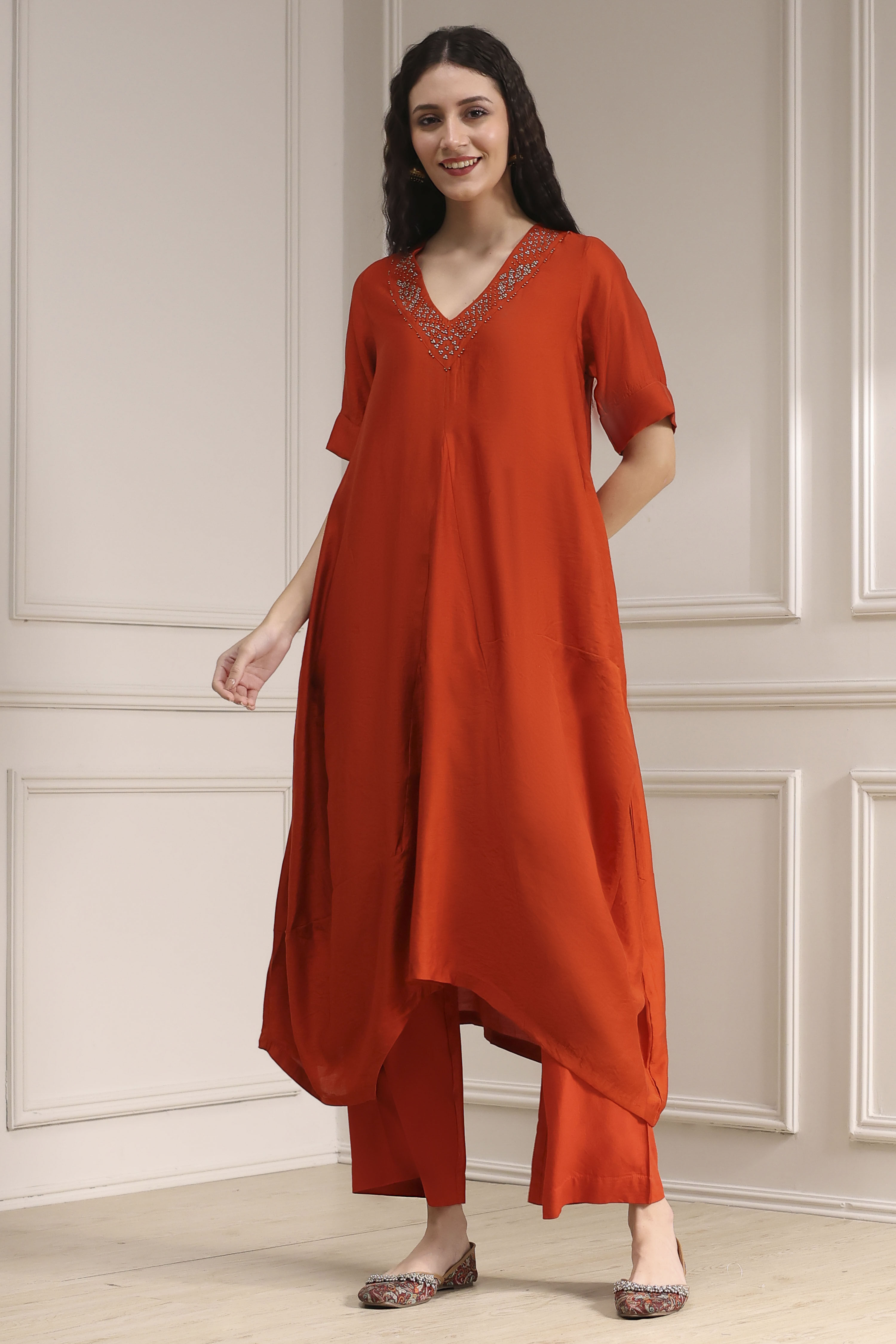 Burnt Orange Dyed Asymmetric Kurta Set image number 6