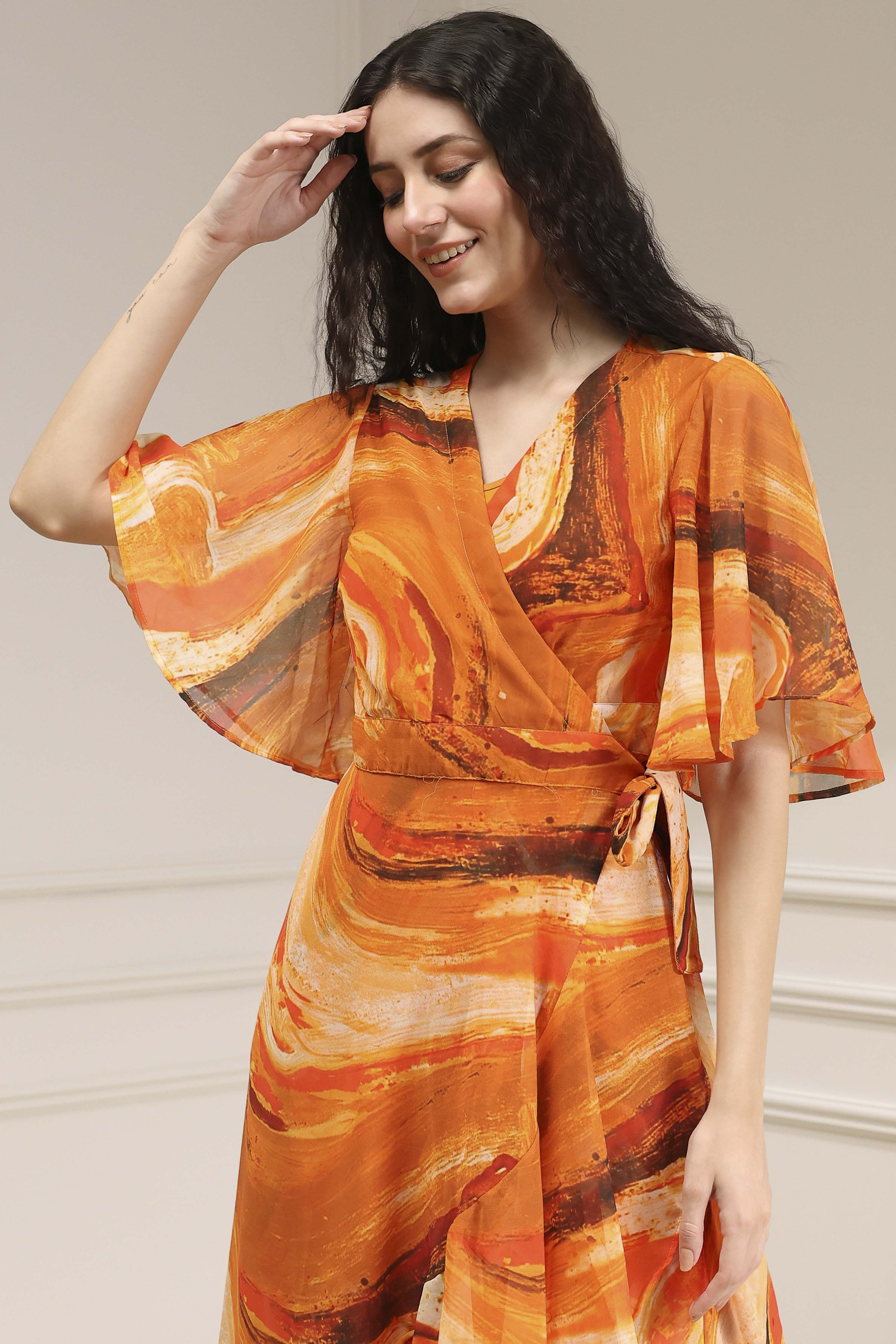 Mustard Yellow Printed Flared Dress image number 1