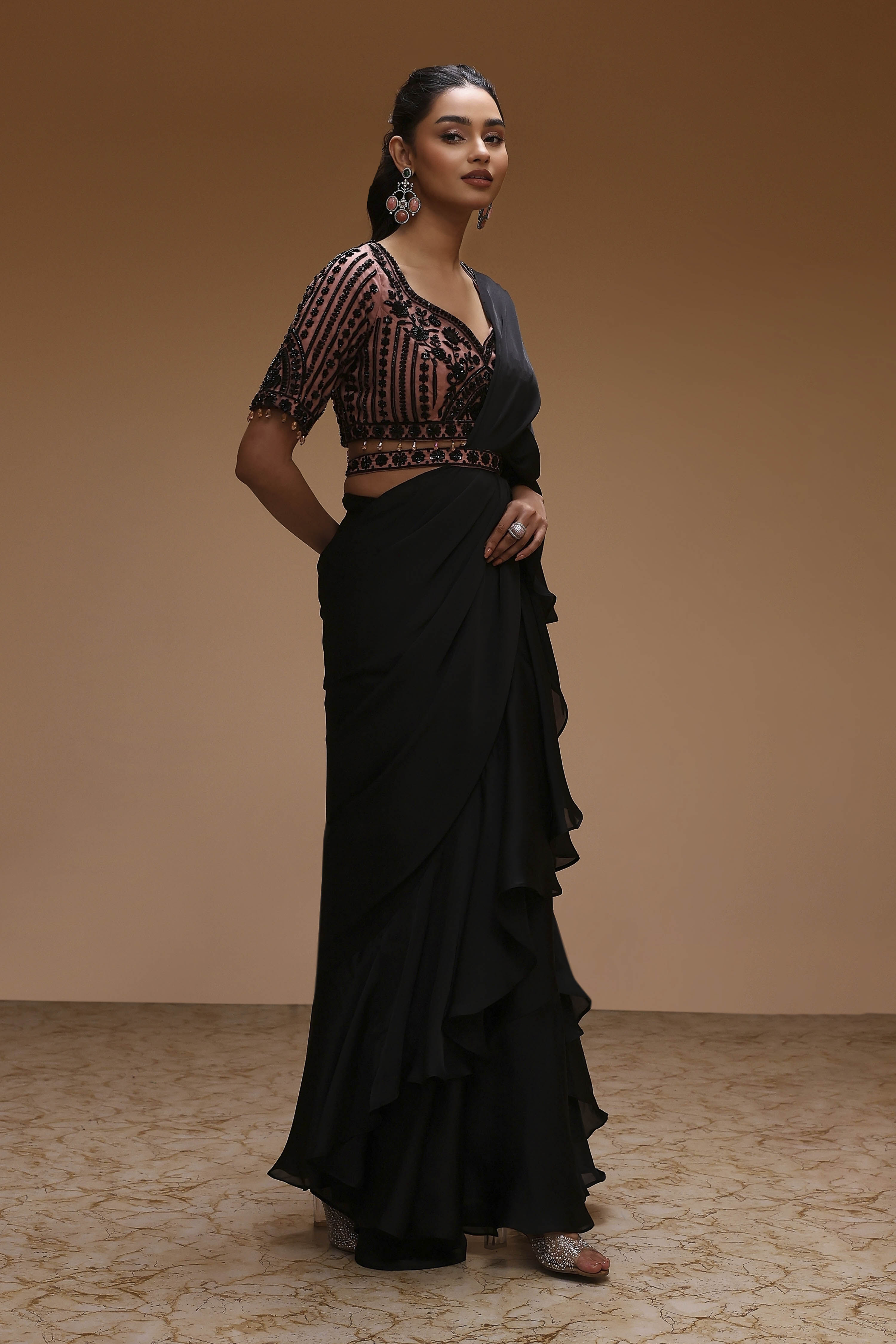 Black Modal Satin Pre-Draped Saree image number 4