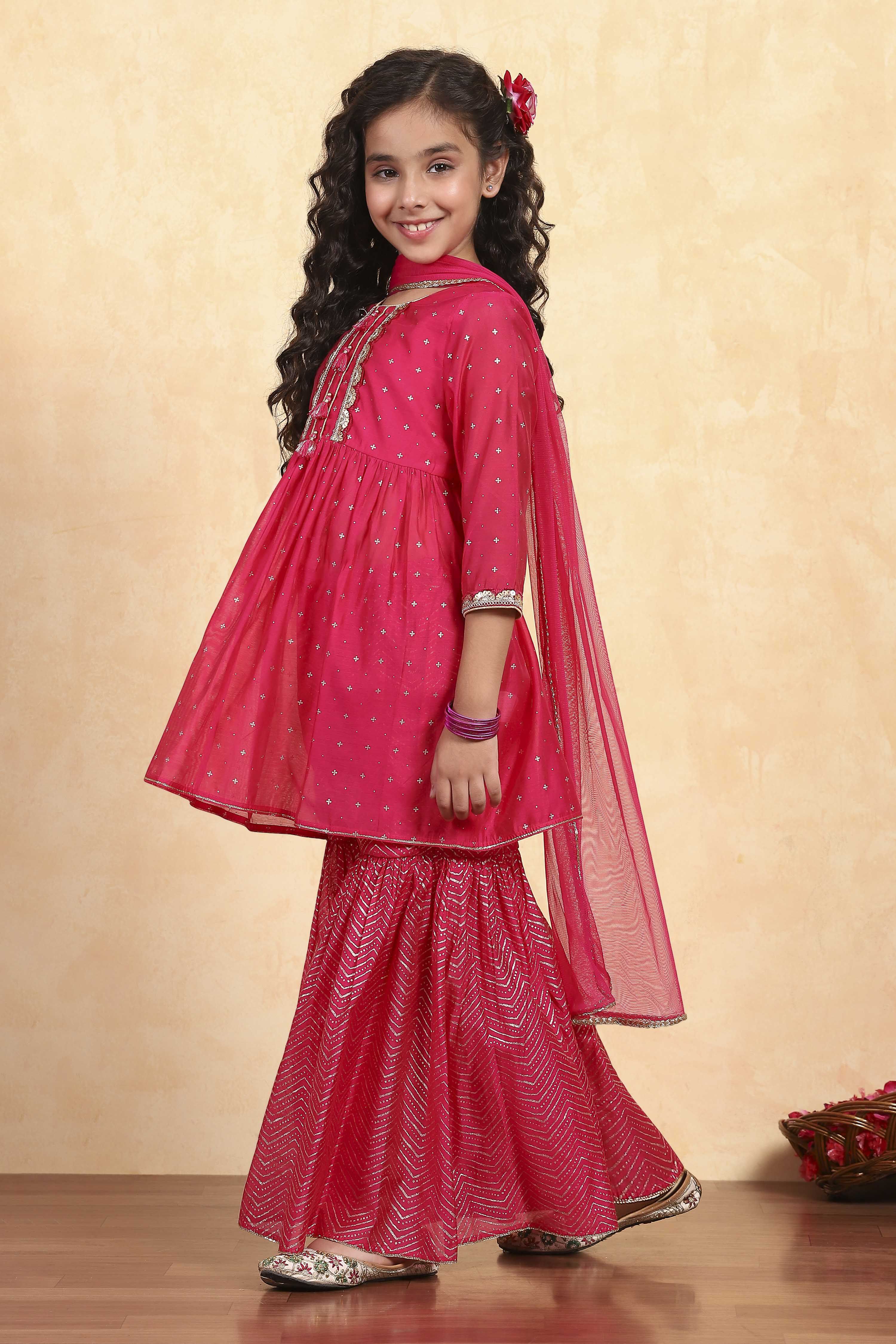 Pink Polyester Blend Printed Gathered Suit Set image number 3