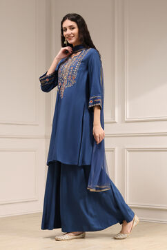 Navy Blue Embroidered Straight Suit Set image number 1