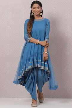 Blue Art Silk Asymmetric Kurta Salwar Suit Set image number 0