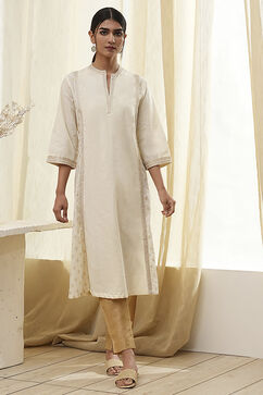 Cream-Colored Cotton Printed A-Line Kurta image number 5