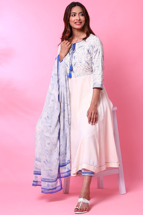 Off White Cotton Anarkali Kurta Palazzo Suit Set image number 6