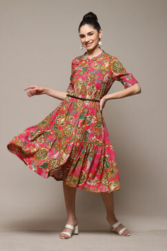 Deep Fuchsia Rayon Straight Printed Dress image number 0