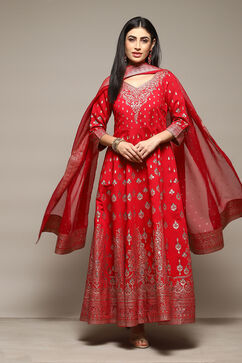 Red Silk Anarkali Kurta Churidar Suit Set image number 0