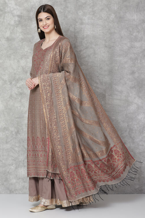 Grey Metallic Cotton Straight Kurta Sharara Suit Set image number 5