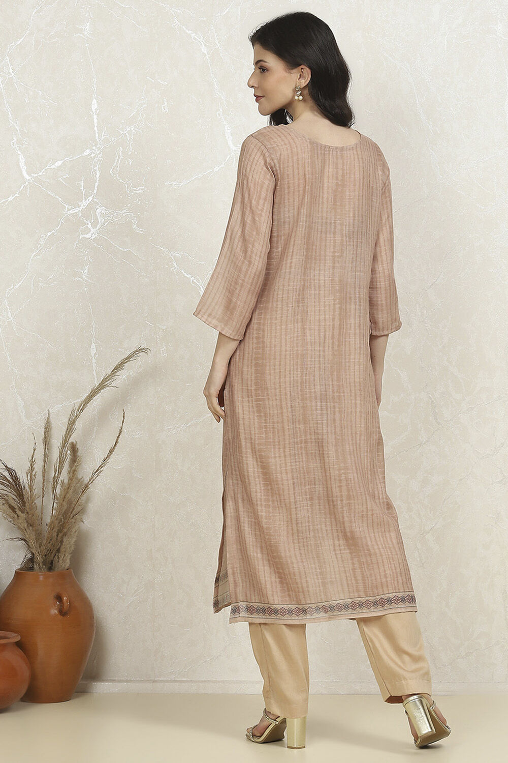 Beige Chanderi Hand Embroidered Unstitched Suit Set image number 5