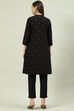 Black Printed Cotton Straight Kurta Slim Pants Suit Set image number 4