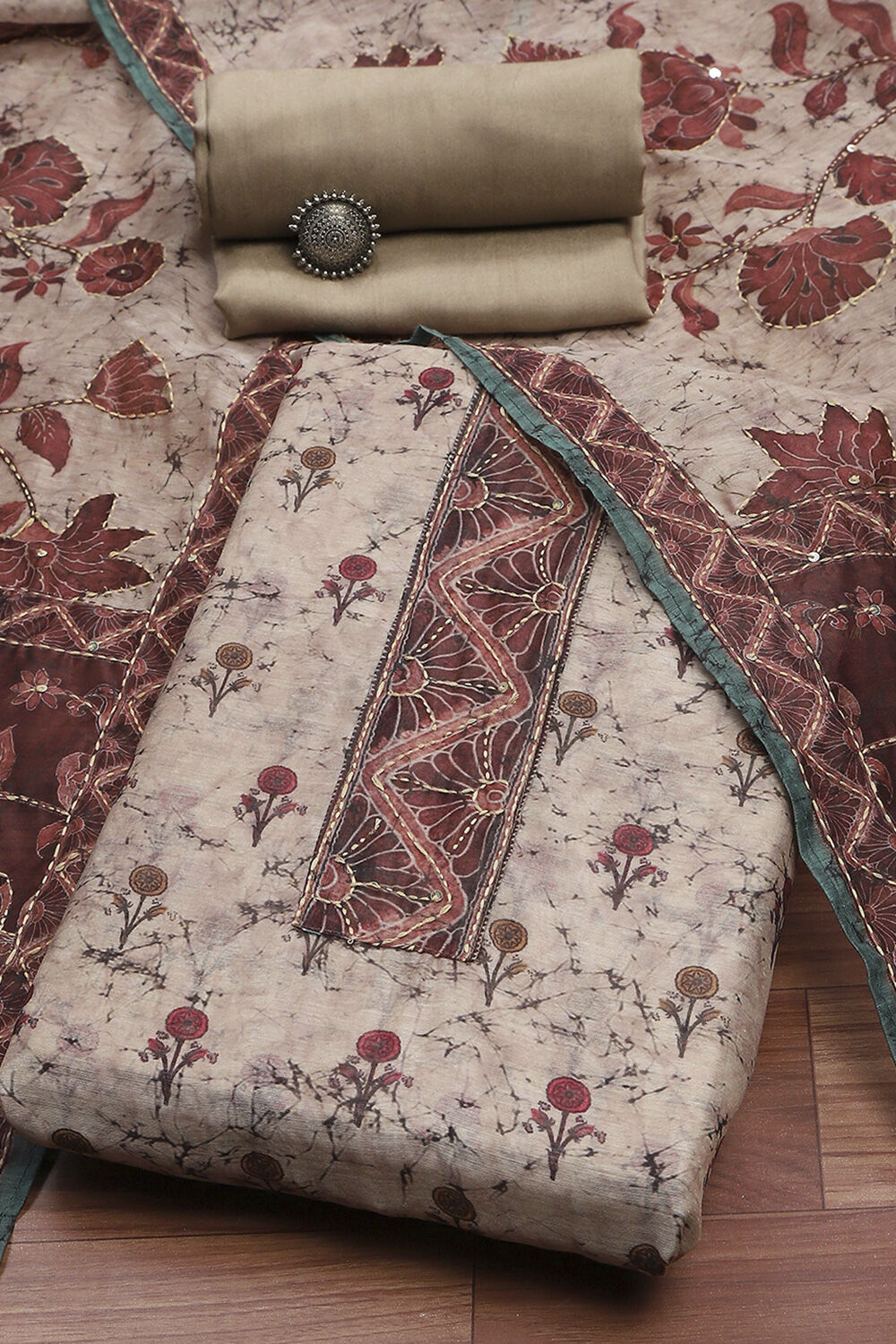 Beige Chanderi Hand Embroidered Unstitched Suit Set image number 0