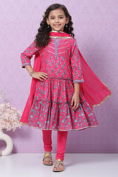 Pink Cotton Tiered Kurta Churidar Suit Set image number 0