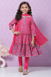 Pink Cotton Tiered Kurta Churidar Suit Set