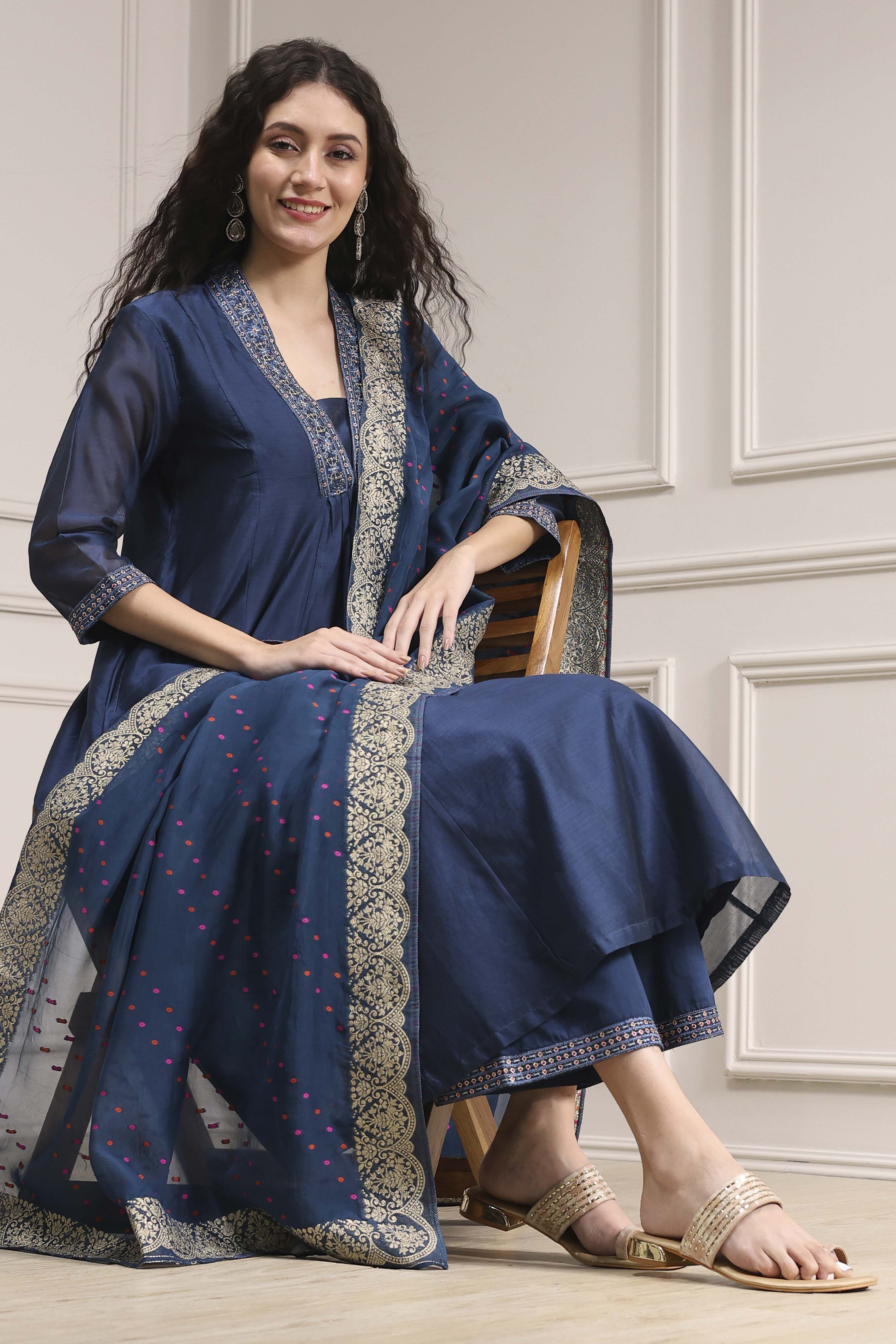 Blue Chanderi Solid Gathered Suit Set image number 0