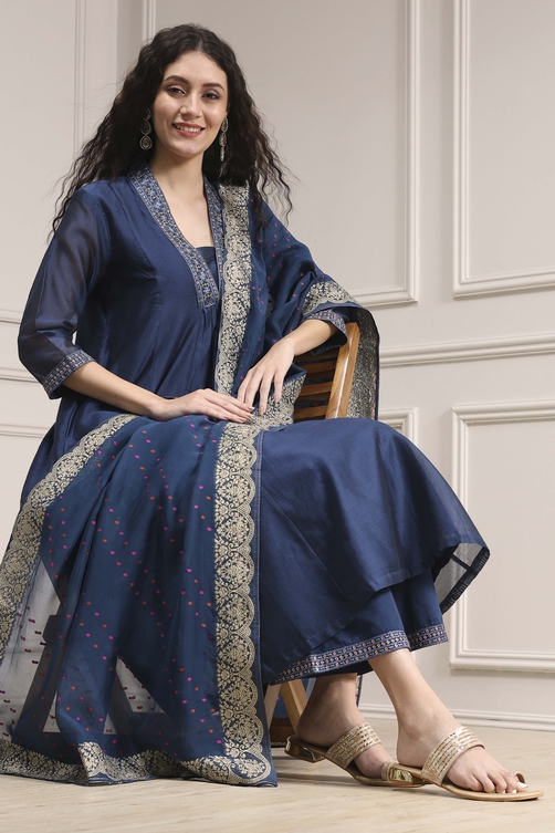 Blue Chanderi Solid Gathered Suit Set image number 0