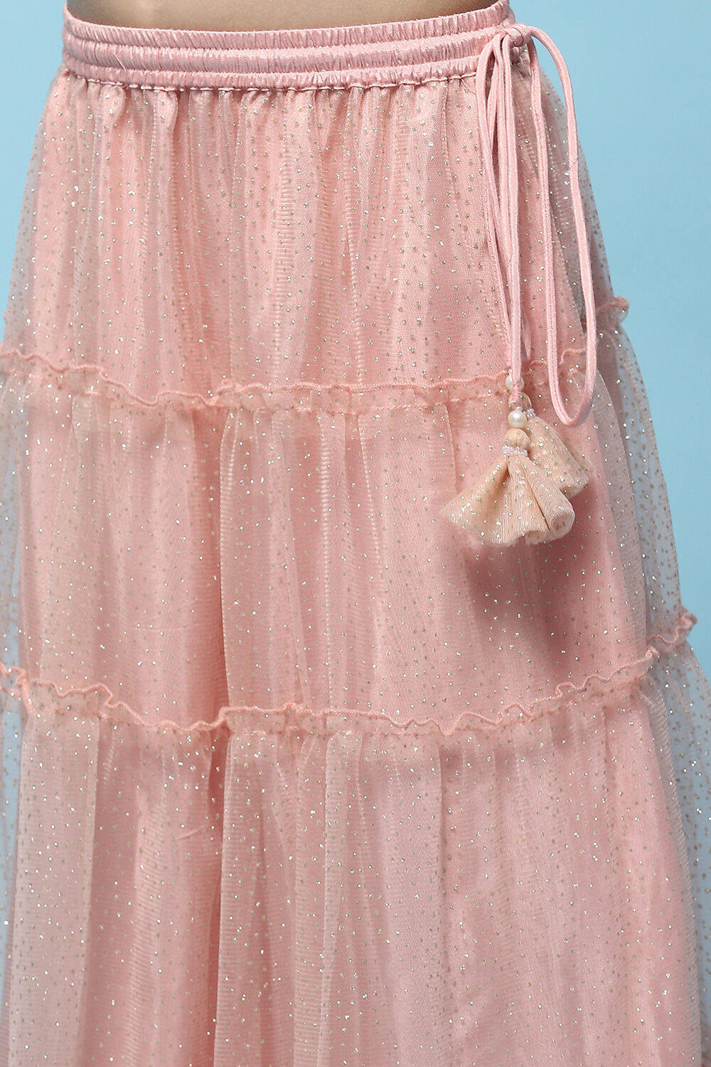 Green Cotton Tissue Blouse Tiered Lehenga & Net Dupatta image number 2