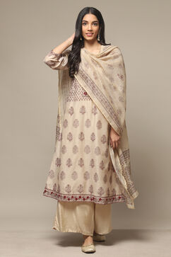Off White Chanderi Hand Block Print Unstitched Suit Set image number 7