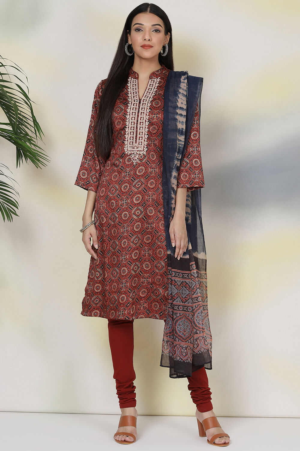 Maroon Art Silk Straight Kurta Churidar Suit Set at Biba India
