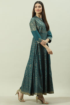 Teal Cotton Flared Printed Dress image number 3