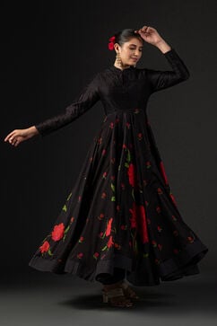 Rohit Bal Black Cotton Silk Anarkali Printed Suit Set image number 6