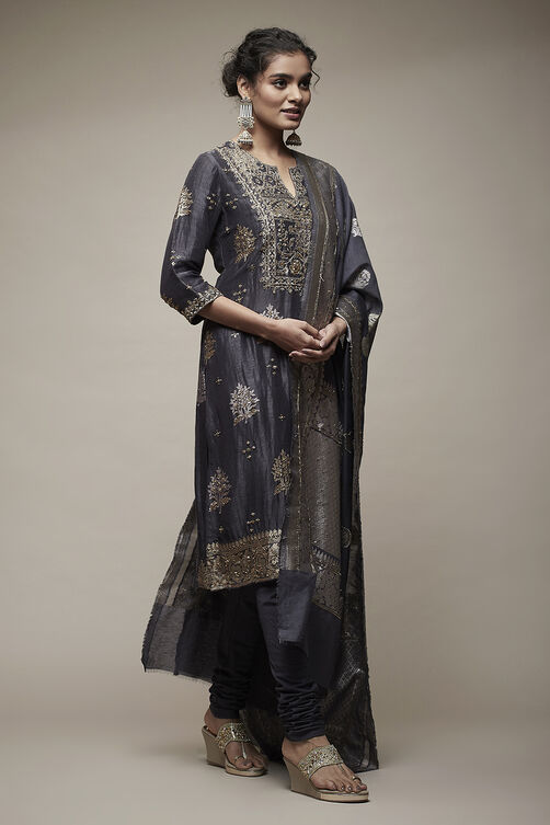 Charcoal Grey Silk Blend Straight Suit Set image number 4