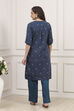 Navy Blue Cotton Yarndyed Straight Suit Set image number 3
