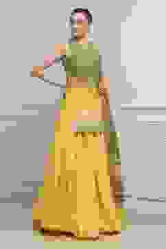 Yellow Olive Cotton Silk Straight Lehenga Set image number 5