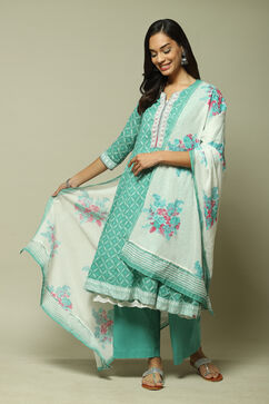 Turquoise Cotton Anarkali Kurta Palazzo Suit Set image number 7