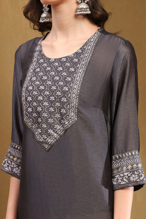 Grey Silk Yard Dyed Straight Festive Kurta image number 1