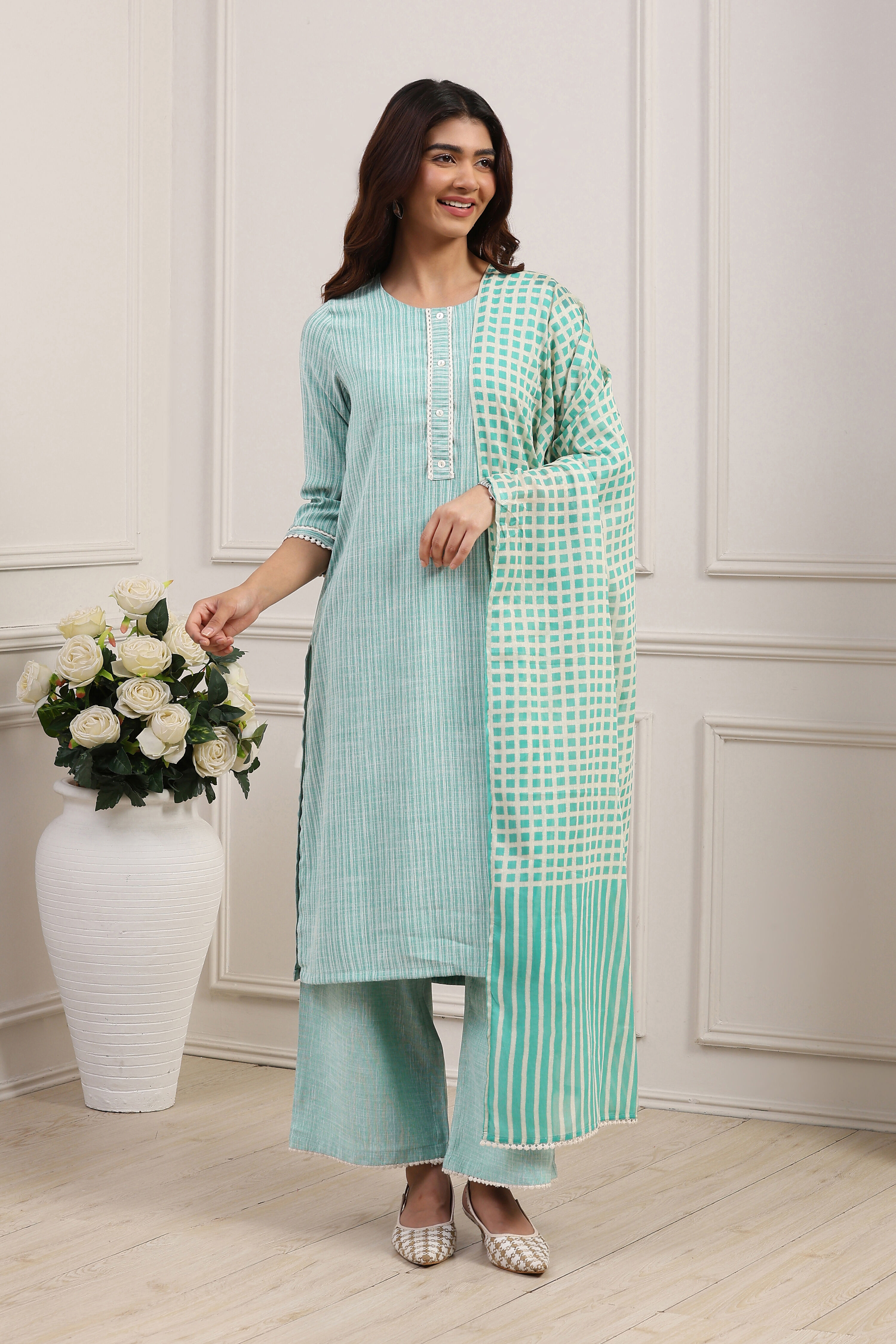 Turquoise Polyester Yarndyed Straight Suit Set image number 6