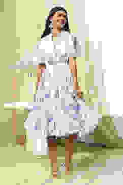 White and Blue Cotton Floral Flared Dress image number 4