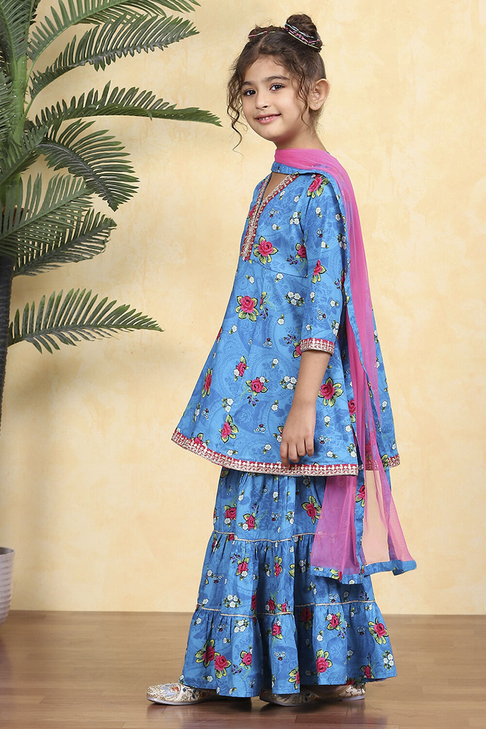 Blue Cotton Printed Flared Sharara Suit Set image number 3