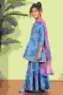 Blue Cotton Printed Flared Sharara Suit Set image number 3